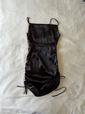 Black Satin Midi Slip Dress with Side Drawstring